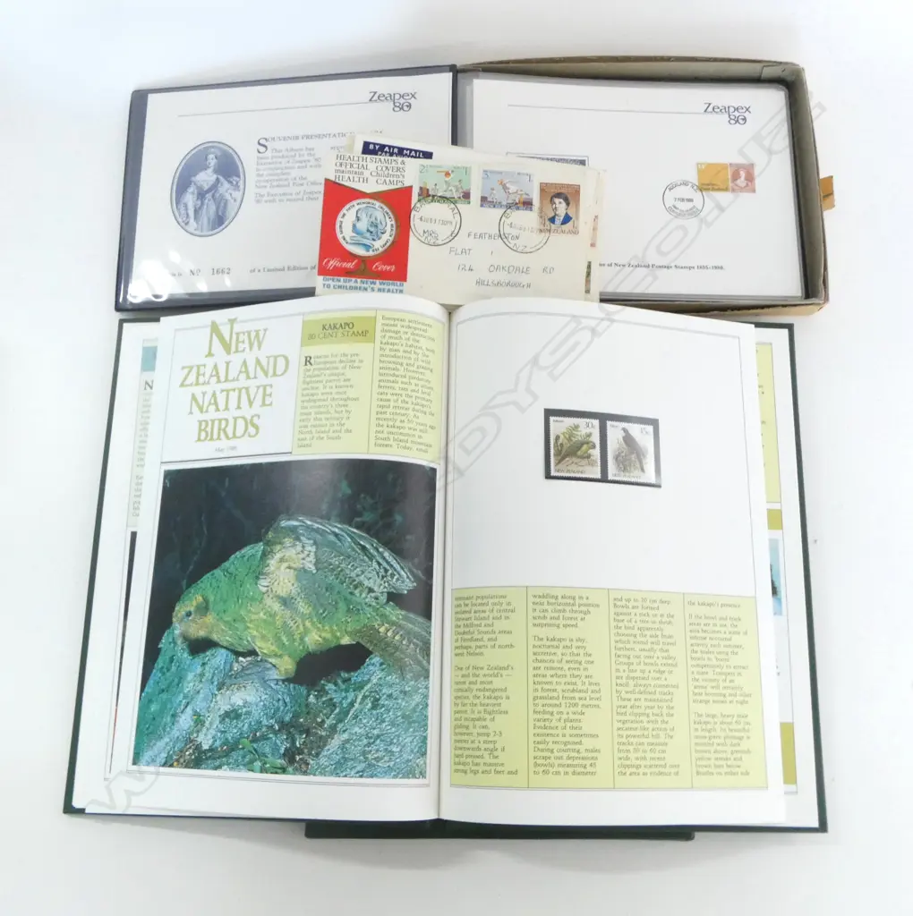 THE NEW ZEALAND STAMP COLLECTION 1986, ZEAPEX80 125TH ANNIVERSARY OF N.Z. POSTAGE STAMPS ALBUM & ASST. STAMPED ENVELOPES Image 1++