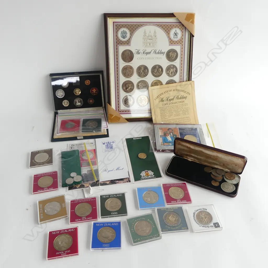 COLLECTION ROYAL WEDDING COM. COINS, COINS OF U.K. 1984 PROOF COIN COLLECTION, 12 CASED N.Z. & ROYAL COINS, etc Image 1++