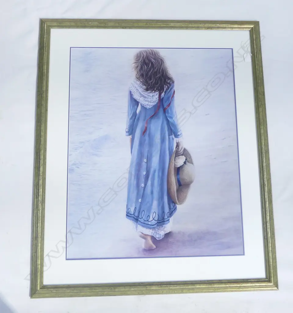 LGE PRINT WOMAN ON BLUE DRESS ON BEACH 740 x 590mm GILT FRAMED UNDER GLASS Image 1++