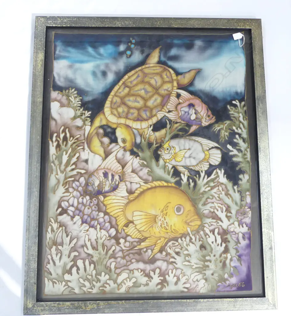 SIGNED FABRIC ARTWORK, TURTLE & FISH IN CORAL 990x780mm Image 1++