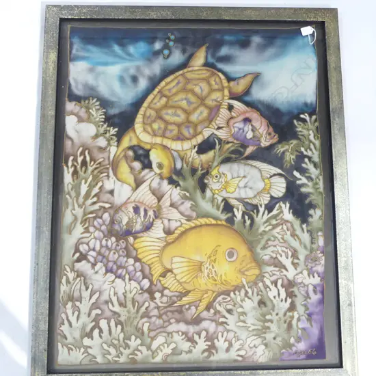 SIGNED FABRIC ARTWORK, TURTLE & FISH IN CORAL 990x780mm