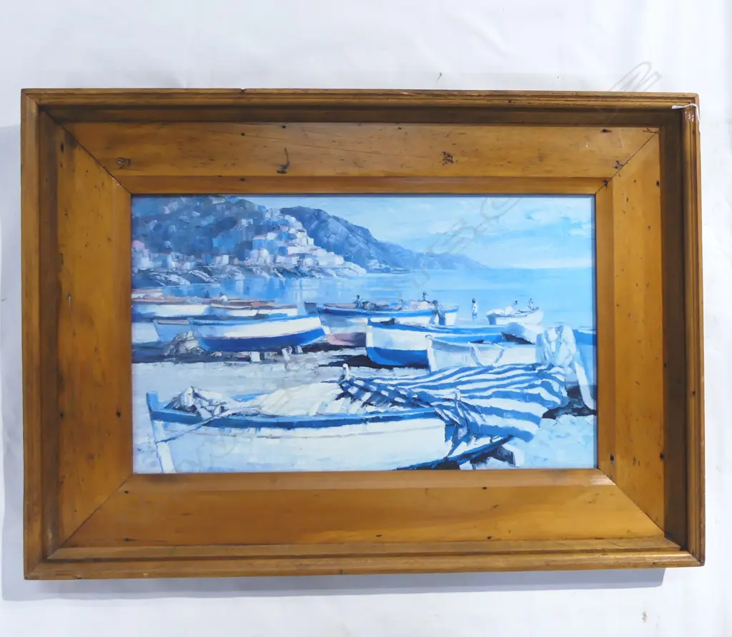 HOWARD BEHRENS (1933-2014) 'AMALFI BOATS' LRG PRINT 470x790mm (780x1105mm overall) IN RUSTIC WOODEN FRAME Image 1++