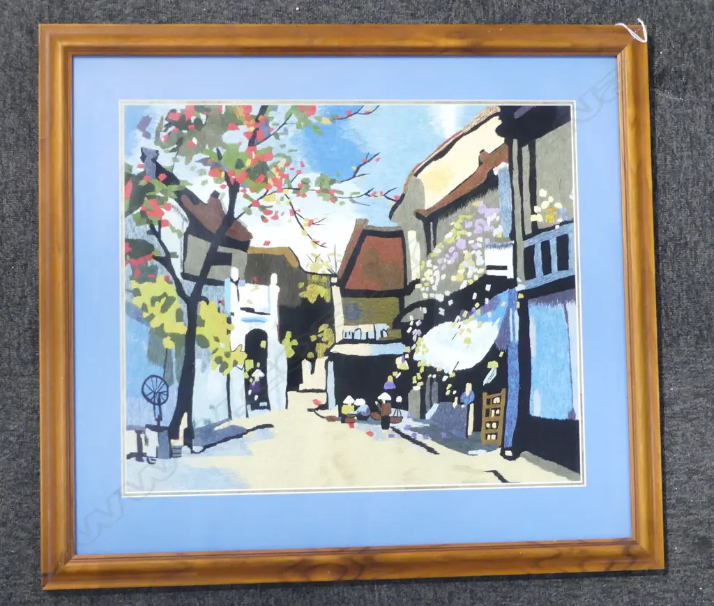 LG FRAMED EMBROIDERY, ORIENTAL VILLAGE SCENE 495x585mm Image 1++
