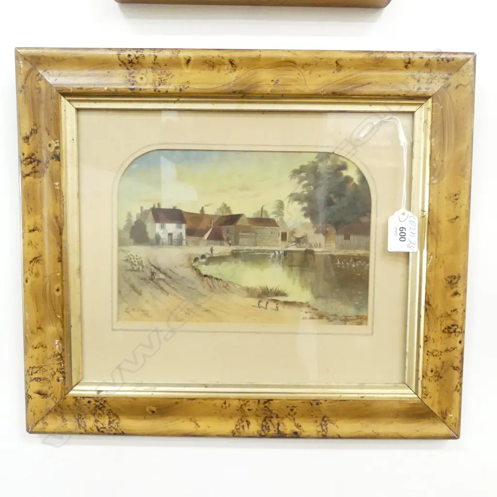 P.OLDHAM (UK) VILLAGE POND & BUILDINGS, WATERCOLOUR, SIGNED & DATED 1906, ORIGINAL GRAINED & SPONGED FRAME, 240 x 295mm Image 1++