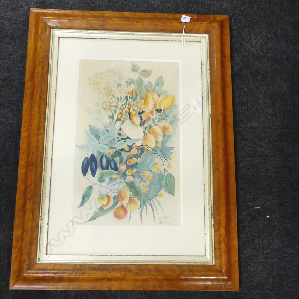 JANE BRENKLEY (1882-1973), NEW ZEALAND BERRIES, W/C, SIGNED & DATED 1945, IN BURR FRAME, 450x270mm Image 1++