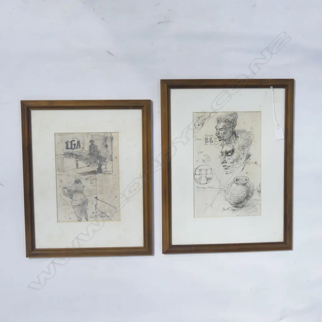 2 GARTH TAPPER PENCIL & INK SKETCHES, 285x190mm foxing Image 1++