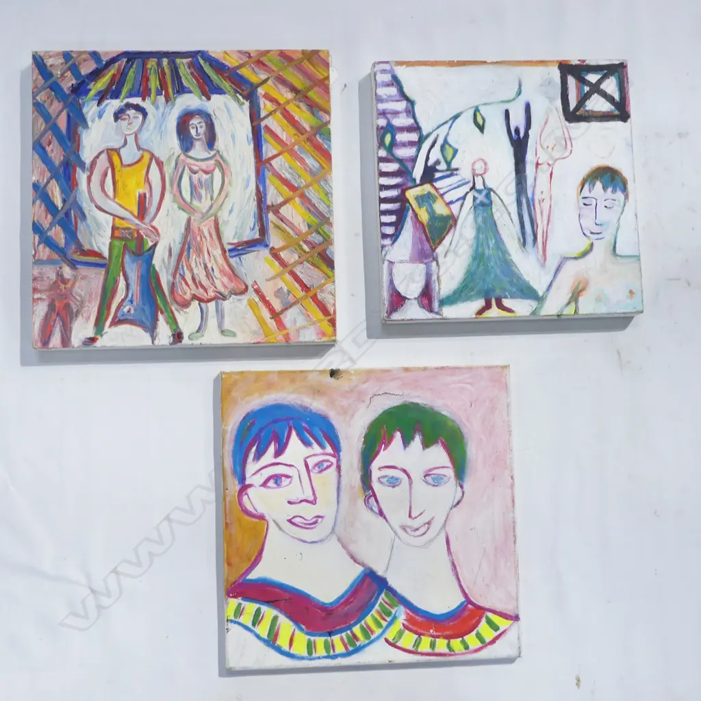 LEE FELTHAM, COUPLE, ACRYLIC ON CANVAS X 3, LGST 460 X 460 MM, ONE WITH DAMAGE TO CANVAS provenance below Image 1++