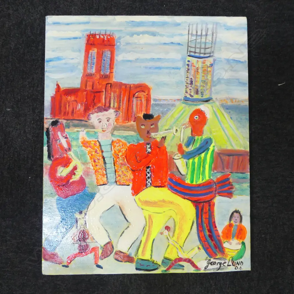 GEORGE LUND (LIVERPOOL) OIL ON CANVAS LIVERPOOL W ANIMAL MUSCIANS signed & date'04. 510 x 405mm Image 1++