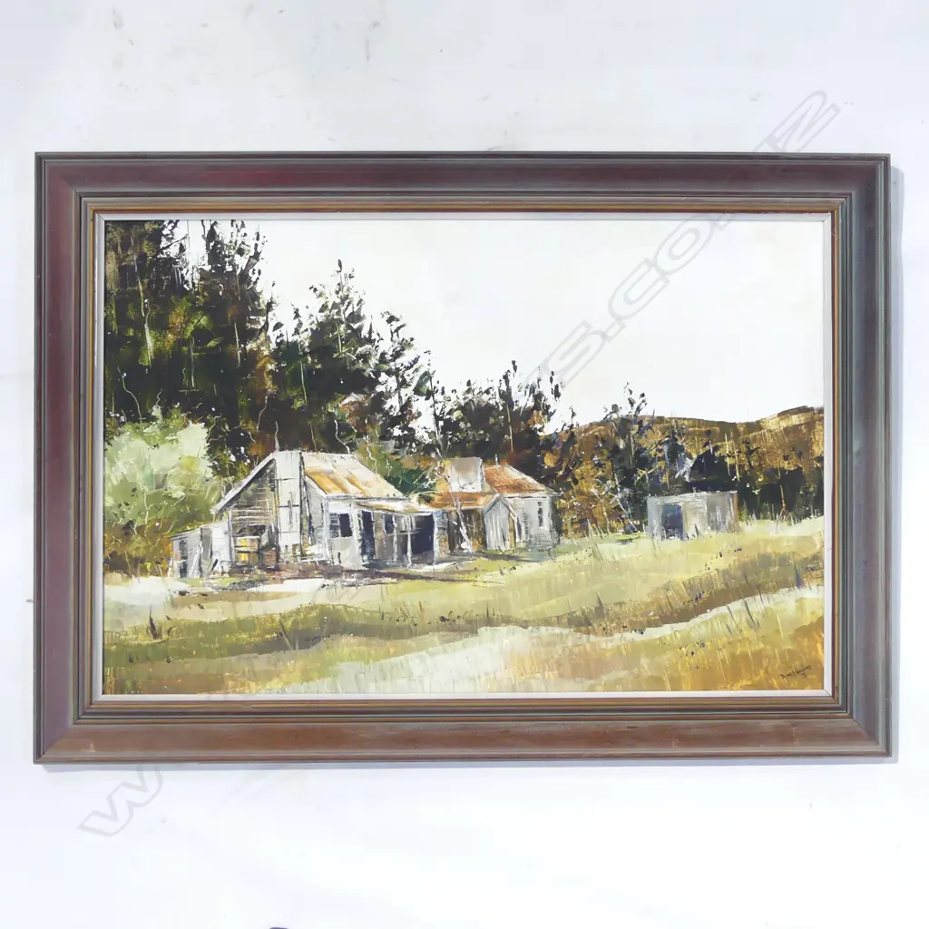 PETER J. WALLERS, RURAL LANDSCAPE WITH FARM OLD SHEDS, OIL ON BOARD '73 440x670mm Image 1++