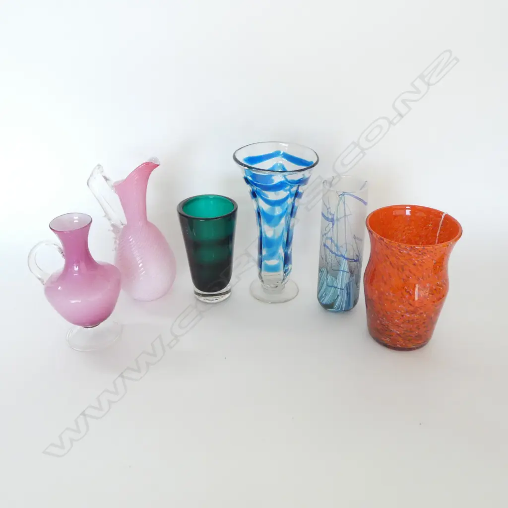 6 PCES. ASST. ART GLASS; 2 HANDELD JUGS, RED SWIRL VASE, etc Image 1++