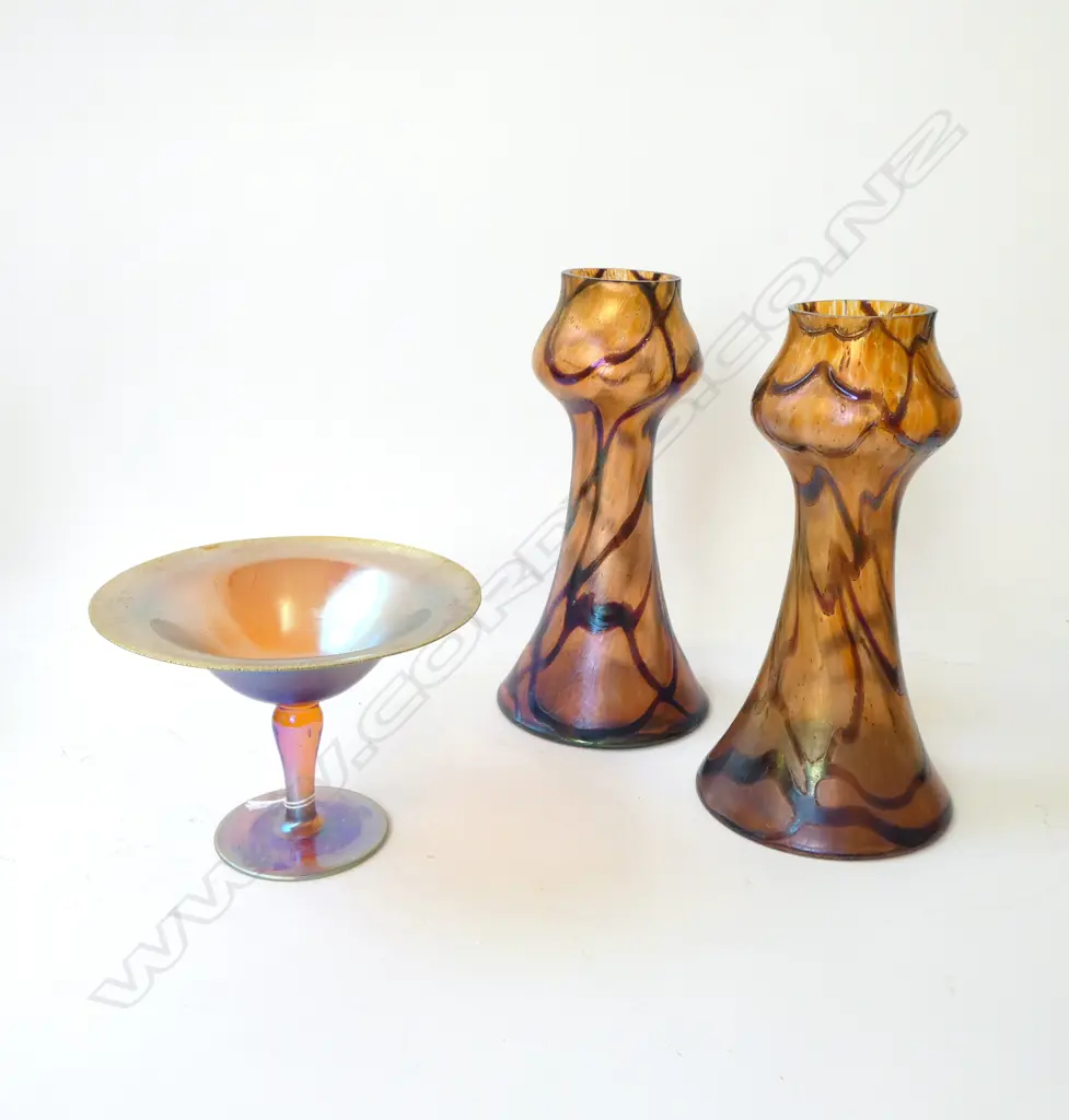 TIFFANY FAVRIL STYLE COMPORT H.120mm, 165mm dia, PR ART GLASS VASES H.235mm Image 1++