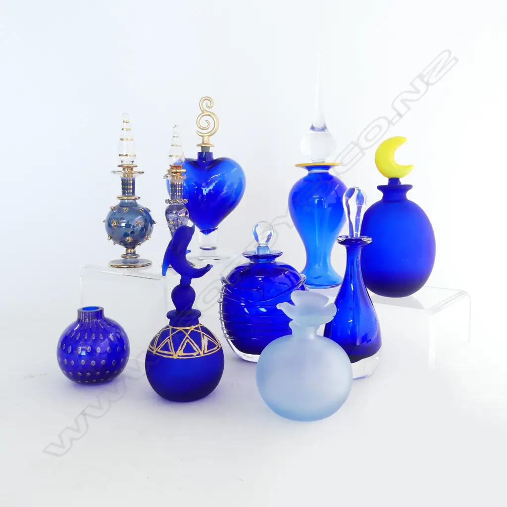 10 BLUE ART GLASS PERFUME BOTTLES Image 1++