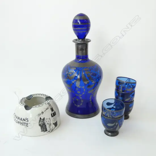 SHELLEY 'BUCHANAN'S BLACK & WHITE' SCOTCH WHISKY ASH TRAY 100mm dia + BLUE GLASS DRINKS SET; DECANTER & 5 GLASSES
