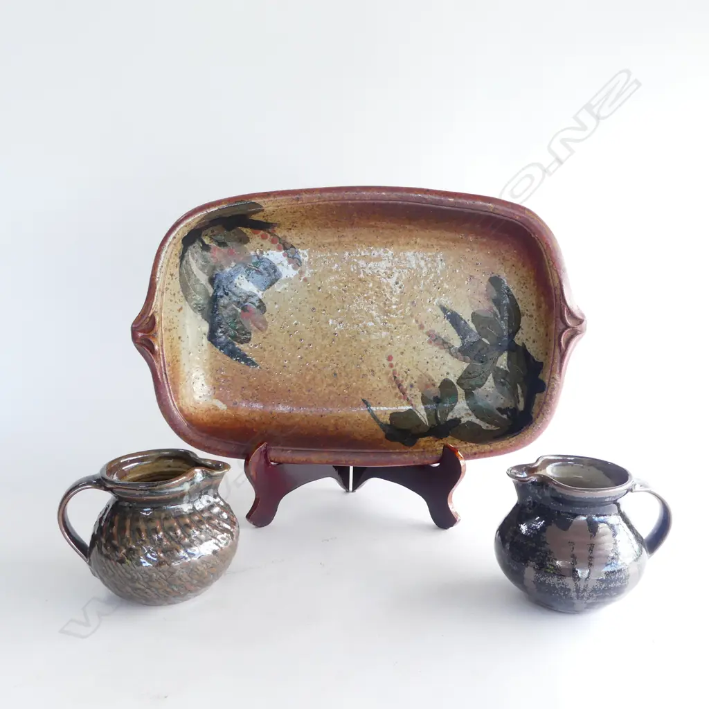 2 NZ POTTERY JUGS (1 w. CHIP) & LARGE SHINO GLAZE DISH  Image 1++