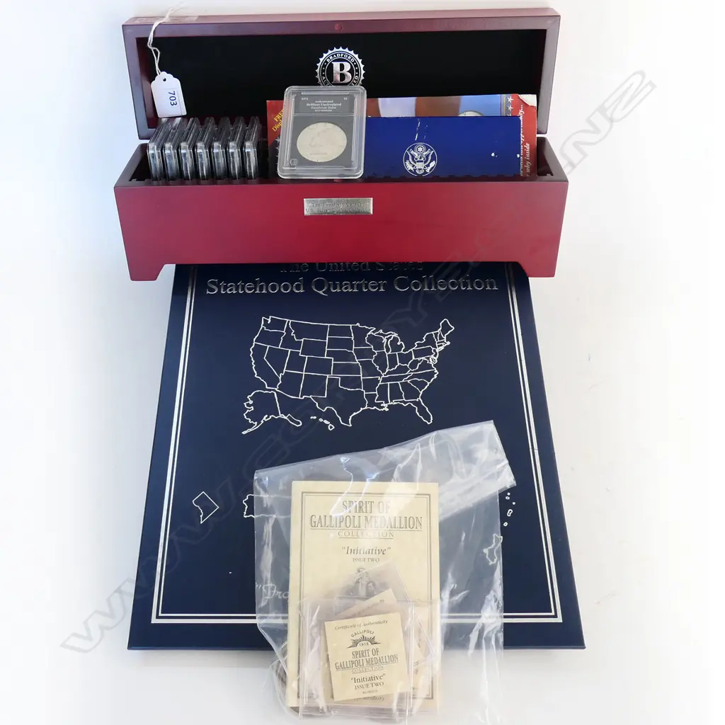 STATEHOOD QUARTER COLLECTION, 8 CASED U.S. SILVER DOLLARS, ASST. SPIRIT OF GALLIPOLI MEDALLIONS, etc... Image 1++