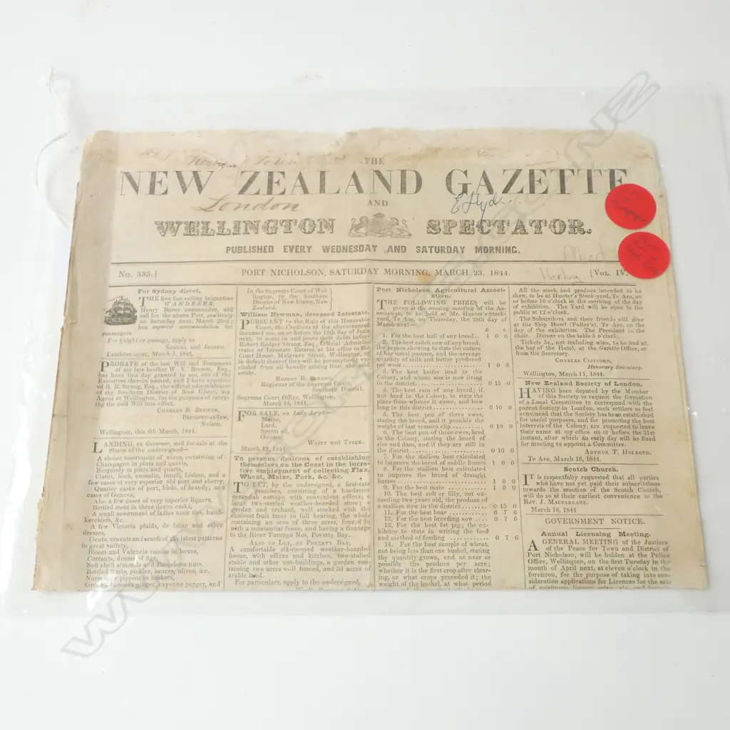 ORIGINAL NZ GAZETTE VOL. IV No. 335 MARCH 23 1844 Image 1++