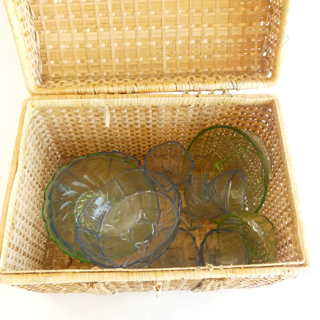 CANE HAMPER BASKET W.460mm w. ASST. VINTAGE PRESSED GLASS Image 1++