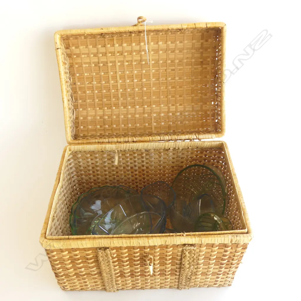 CANE HAMPER BASKET W.460mm w. ASST. VINTAGE PRESSED GLASS Image 1++