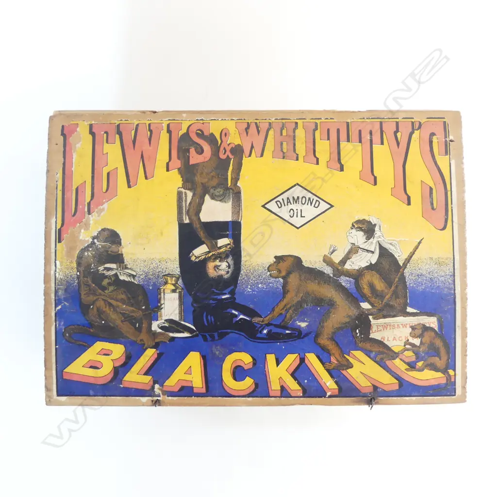 LEWIS & WHITTY'S 'BLACKING' DIAMOND OIL BOX with original lithographic labels incl monkeys Image 1++
