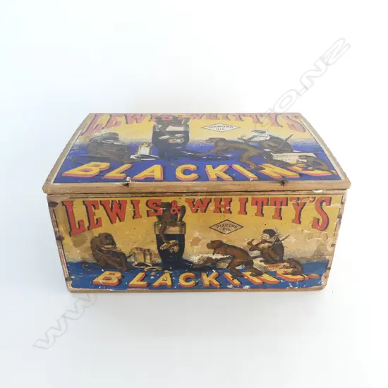 LEWIS & WHITTY'S 'BLACKING' DIAMOND OIL BOX with original lithographic labels incl monkeys