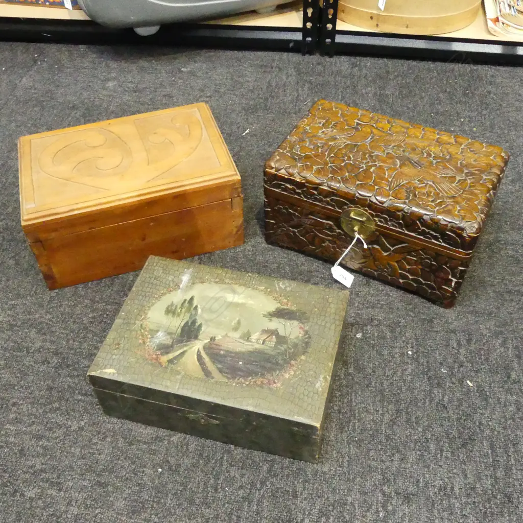 WRITING SLOPE + 2 WOODEN BOXES; CAMPHOR & CARVED KORU DESIGN W.305mm Image 1++