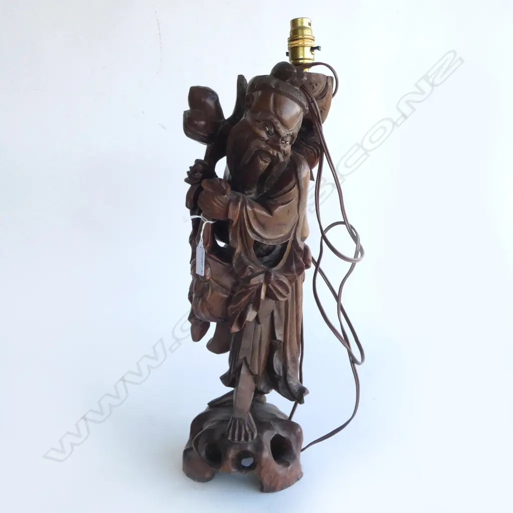 OLD CHINESE CARVED HARDWOOD CARVING OF A DEITY WITH PEACHES bone inlaid eyes H.530mm to lamp fitting Image 1++
