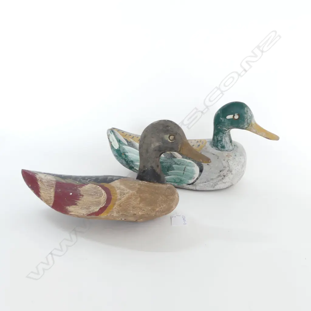2 CARVED WOOD DUCK DECOYS L.360mm worn Image 1++