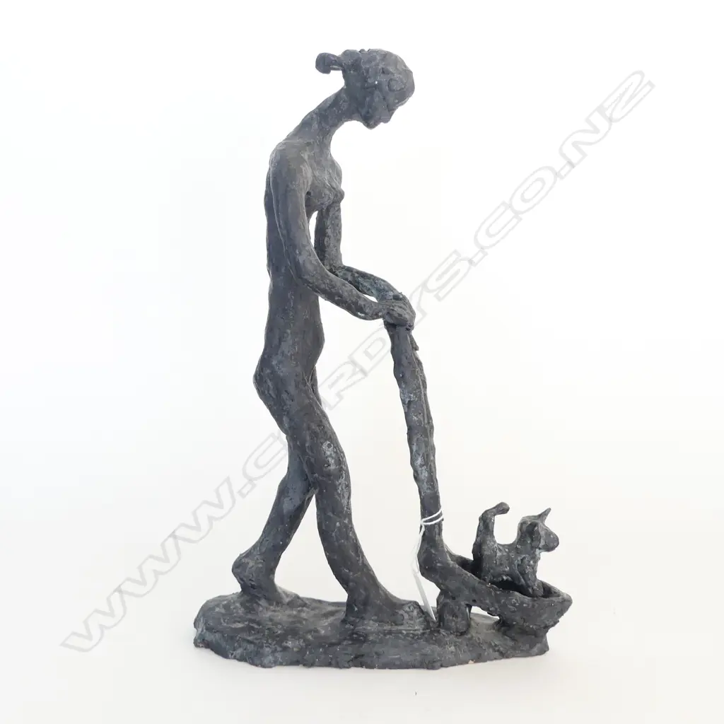 STUDIO POTTERY FIGURE PUSHING CART w. DOG H.390mm Image 1++