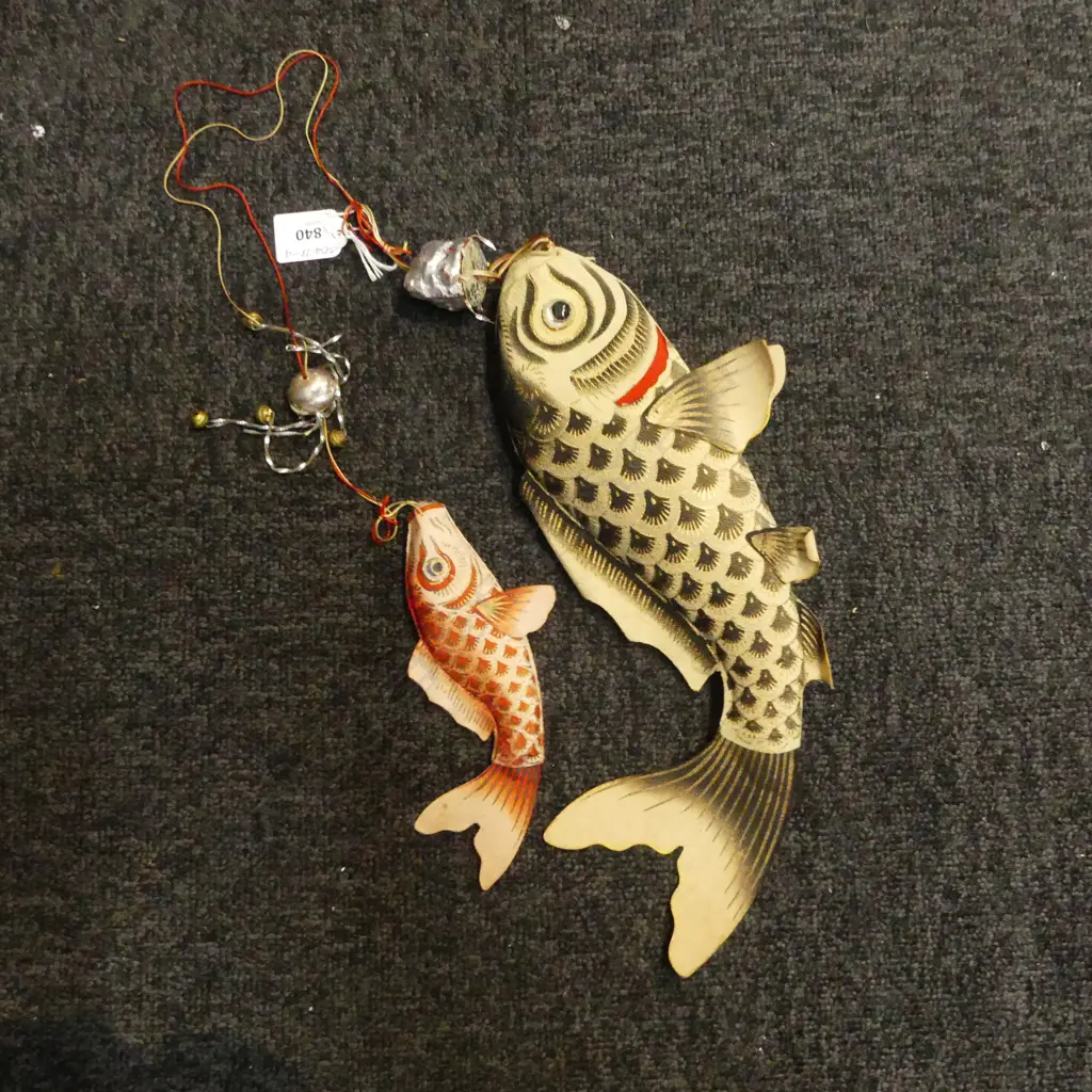 VINTAGE JAPANESE HANGING CARP; HANDPAINTED TEXTILE, L.160 & 320mm Image 1++