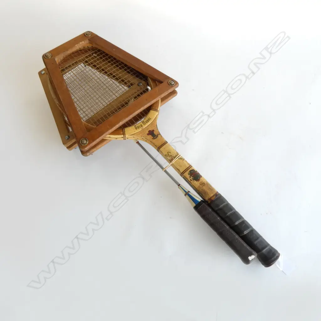 OLD WOODEN SPALDING TENNIS RACKET + OLD SQUASH RACKET both in straightening frames   Image 1++