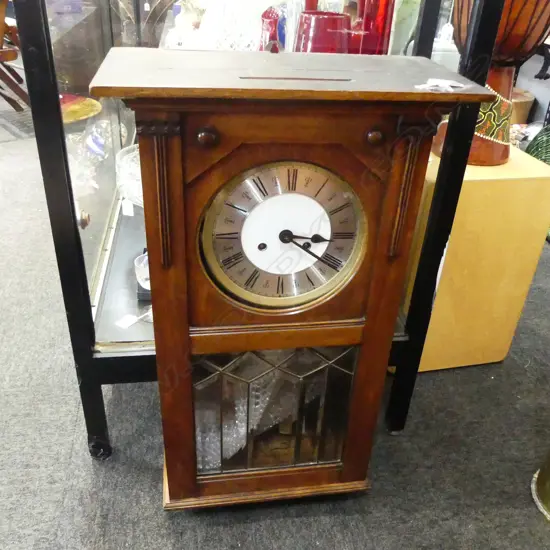 1920S REGULATOR WALL CLOCK, OAK ARTS & CRAFTS STYLE WITH BEVELLED GLASS, 720 x 395mm