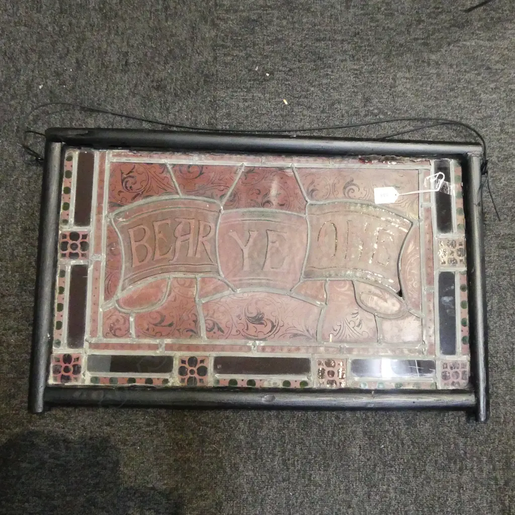 UNUSUAL STAINED GLASS HANGING PANEL ' BEAR YE ONE ', 420 x 660mm Image 1++