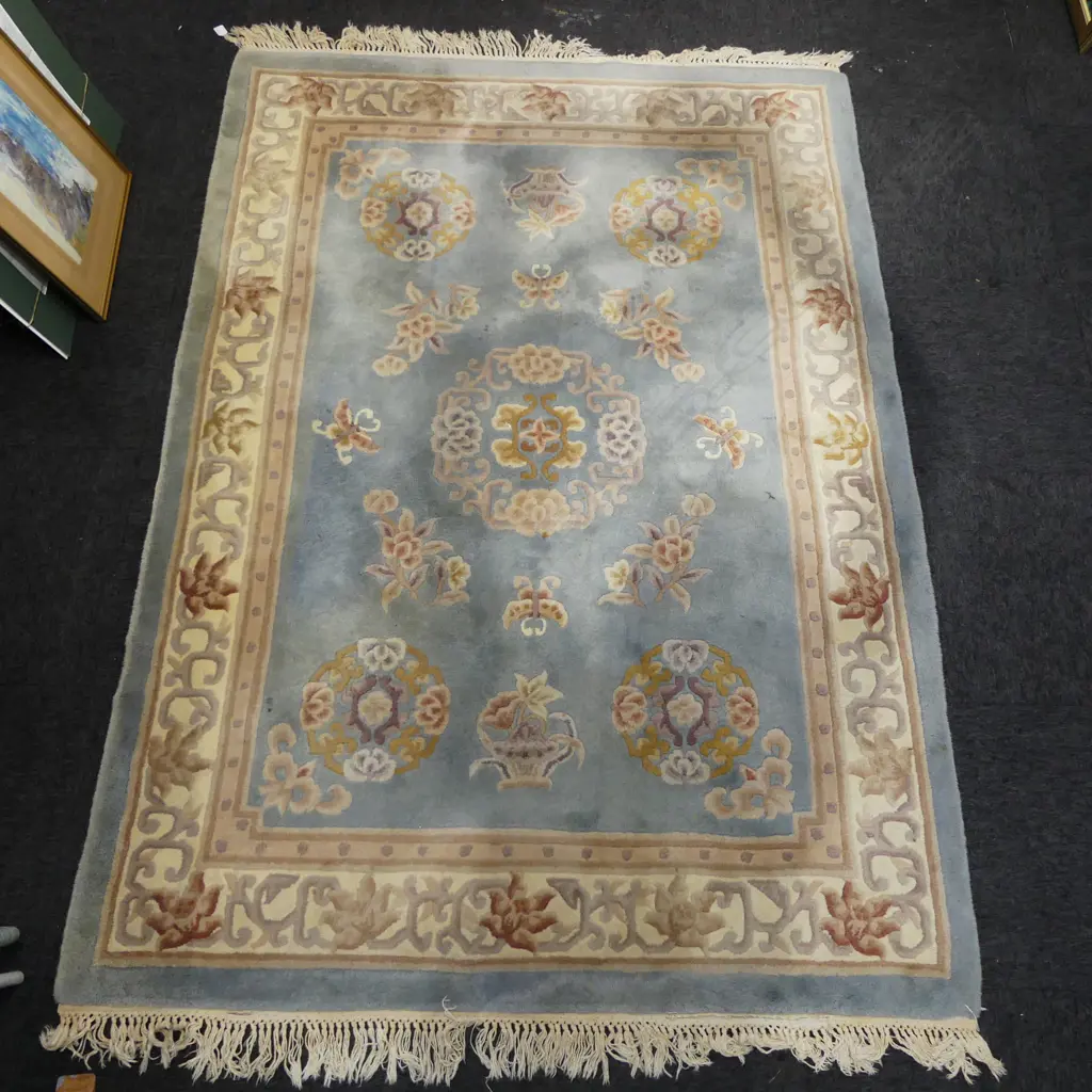 CHINESE SCULPTED PILE HAND KNOTTED RUG butterflies & florals on pale blue a couple of marks. 2200 x 1500mm Image 1++