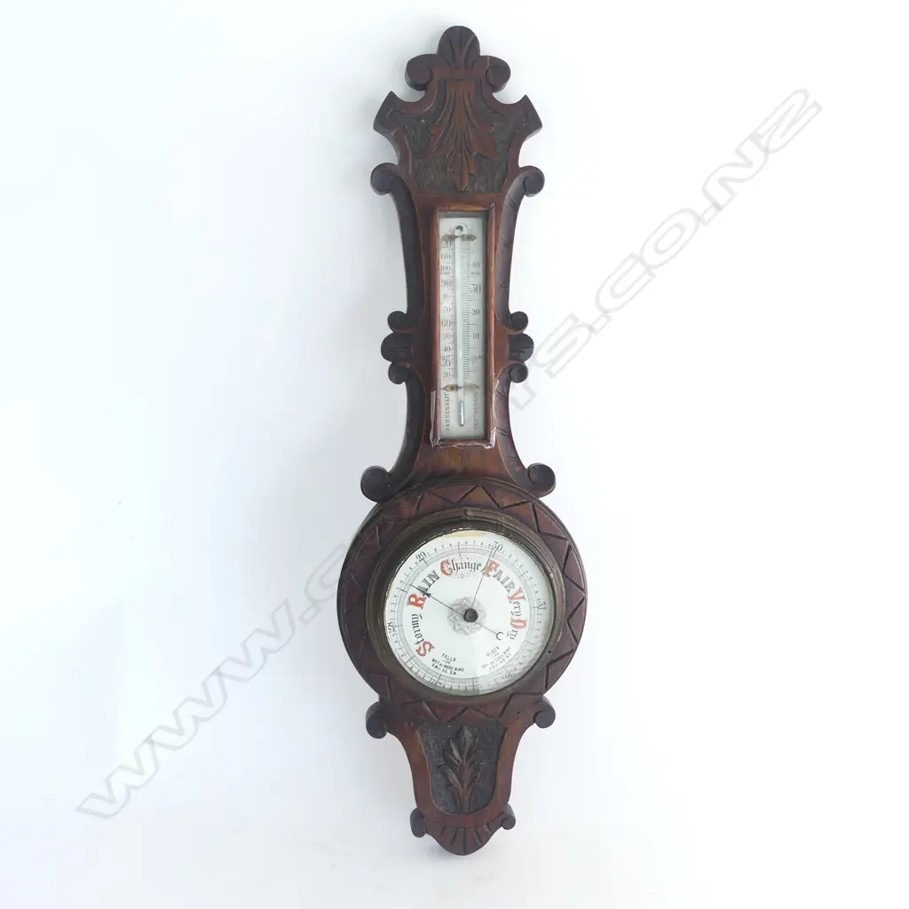 OAK BANJO BAROMETER c.1900, C-SCROLL CARVED BORDER, 660 x 185mm Image 1++