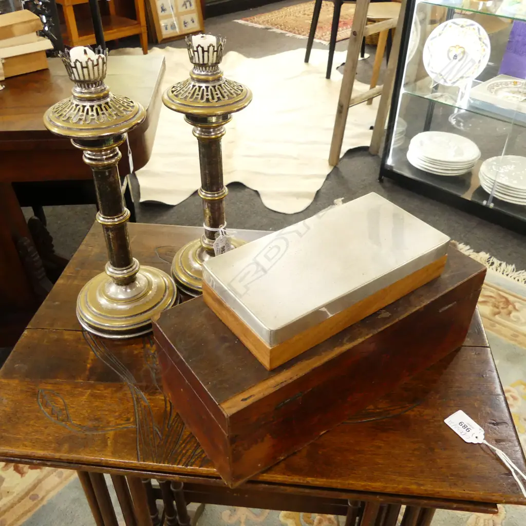 2 WOODEN BOXES 1 AF W.310mm + PR SILVER OVER COPPER CANDLESTICKS H.295mm Image 1++