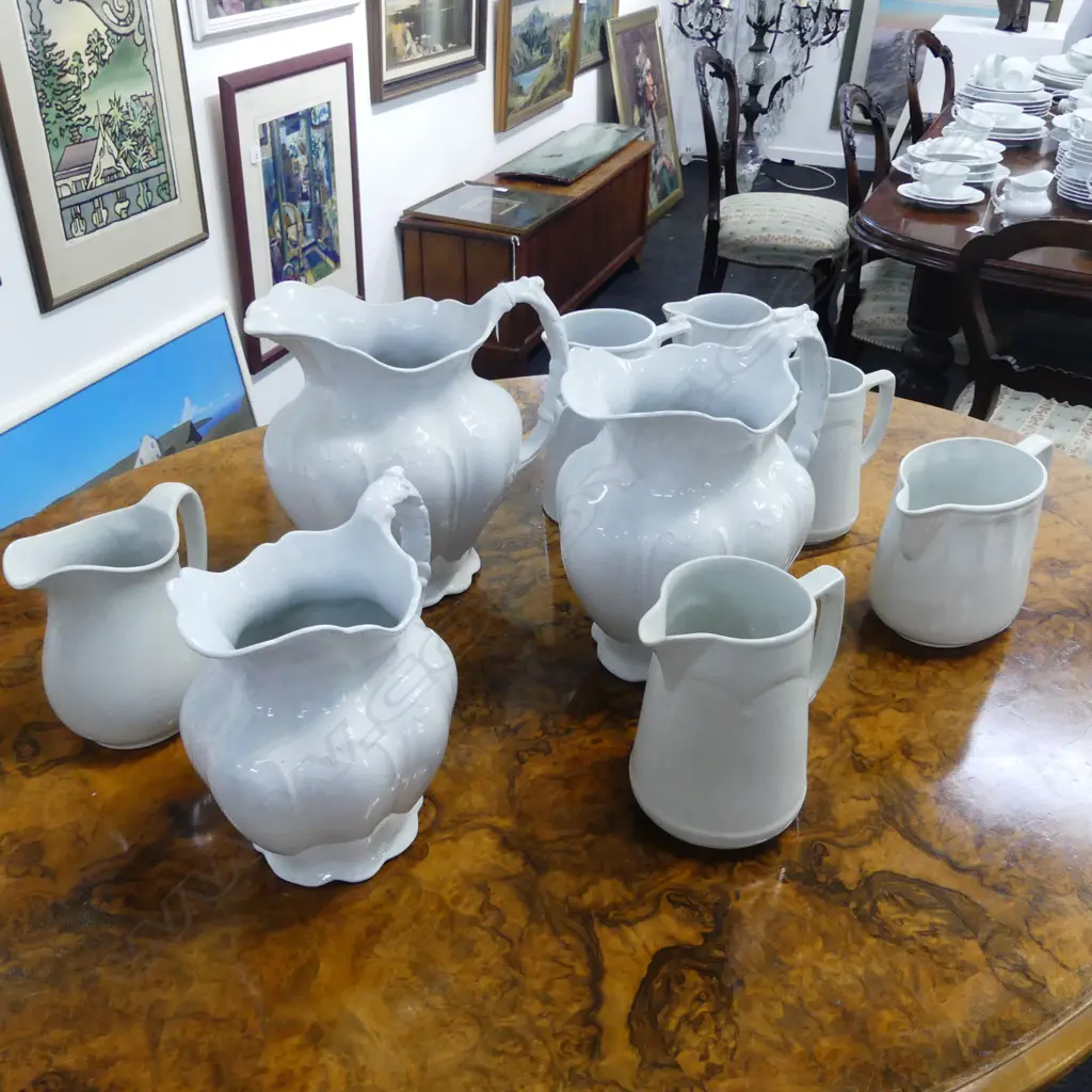 9 ANTIQUE WHITE JUGS H.280mm IRONSTONE ETC Image 1++