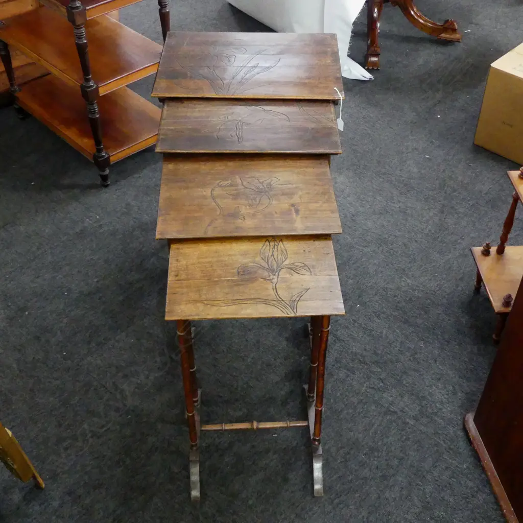 4 WOODEN NESTING TABLES, old borer W.535mm Image 1++