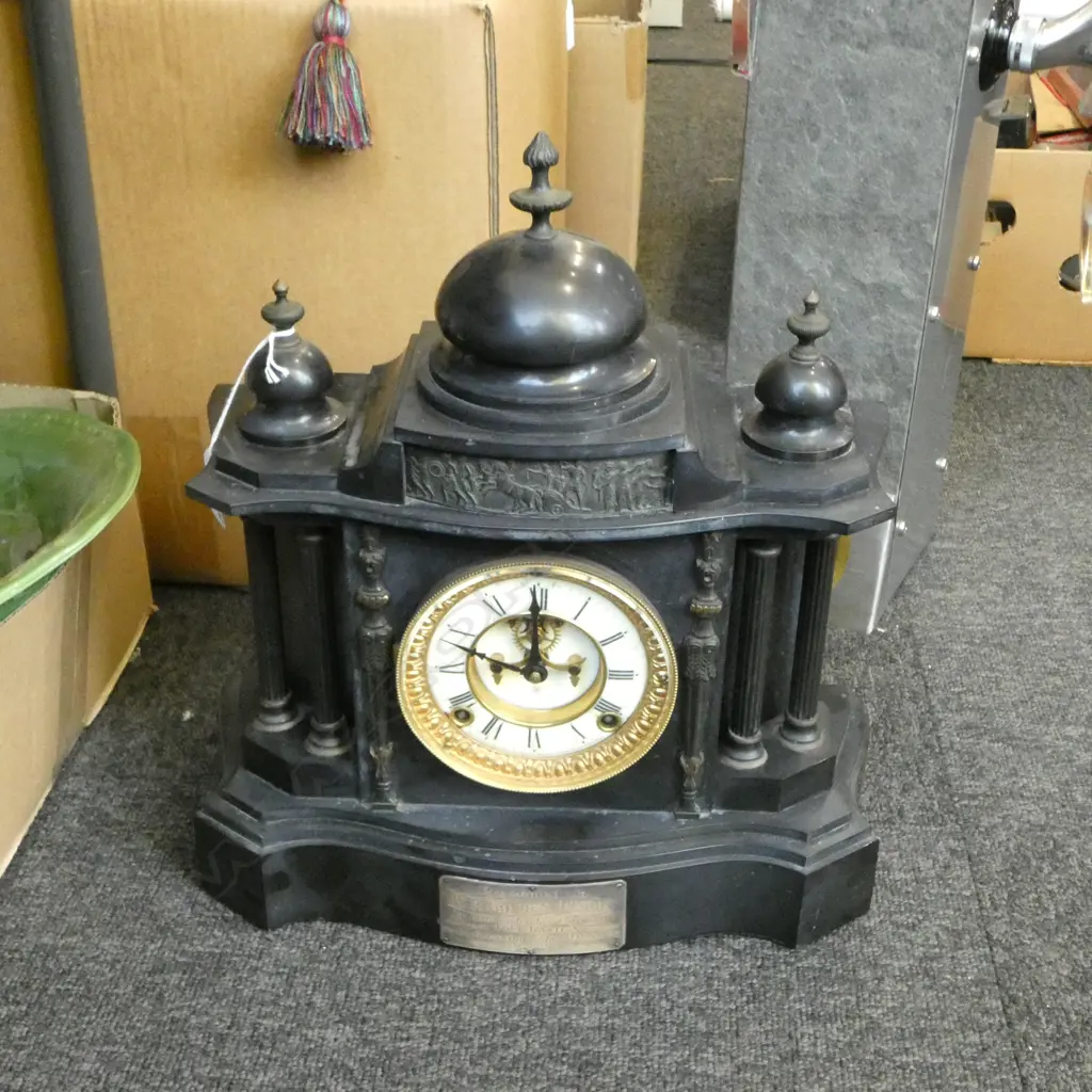 LG BLACK SLATE MANTEL CLOCK, DOMED TOP ABOVE PILLARS WITH PLAQUE:  ‘PRESENTED TO W.R.GOLDEN O.C. NO 10A BY THOSE UNDER H Image 1++