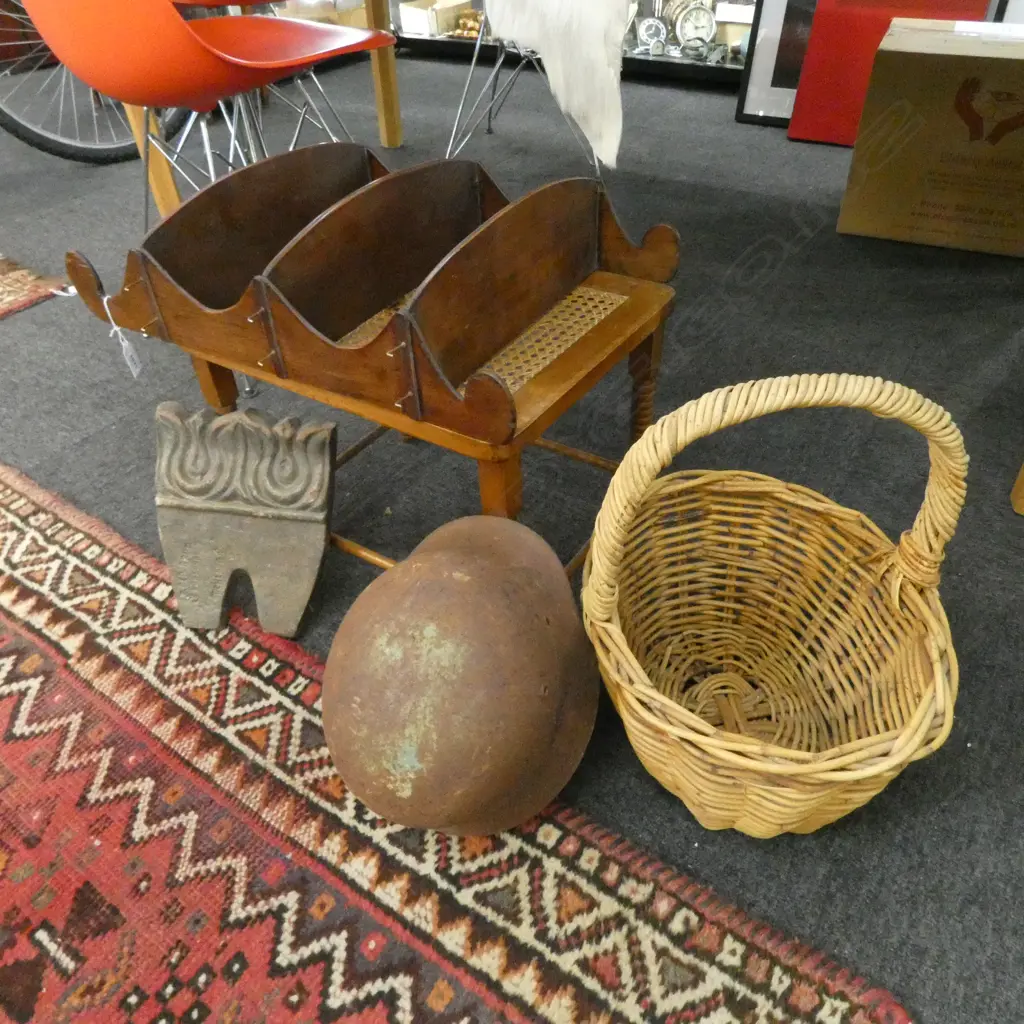 5 PCES; GERMAN METAL HELMET (RUSTED), BASKET, GARDEN TILE, SHELF, CANED STOOL Image 1++
