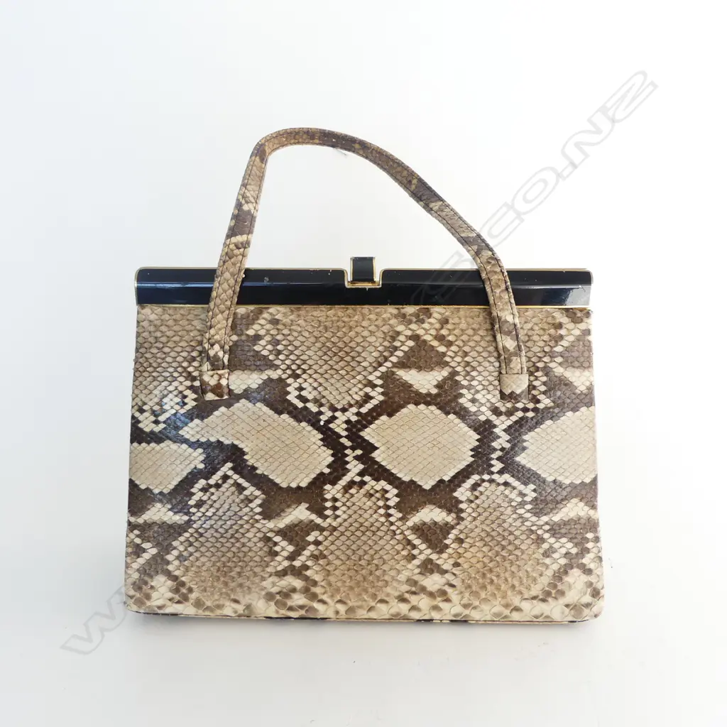 VINTAGE SNAKE SKIN & LEATHER HANDBAG W.260mm WITH HEAD Image 1++