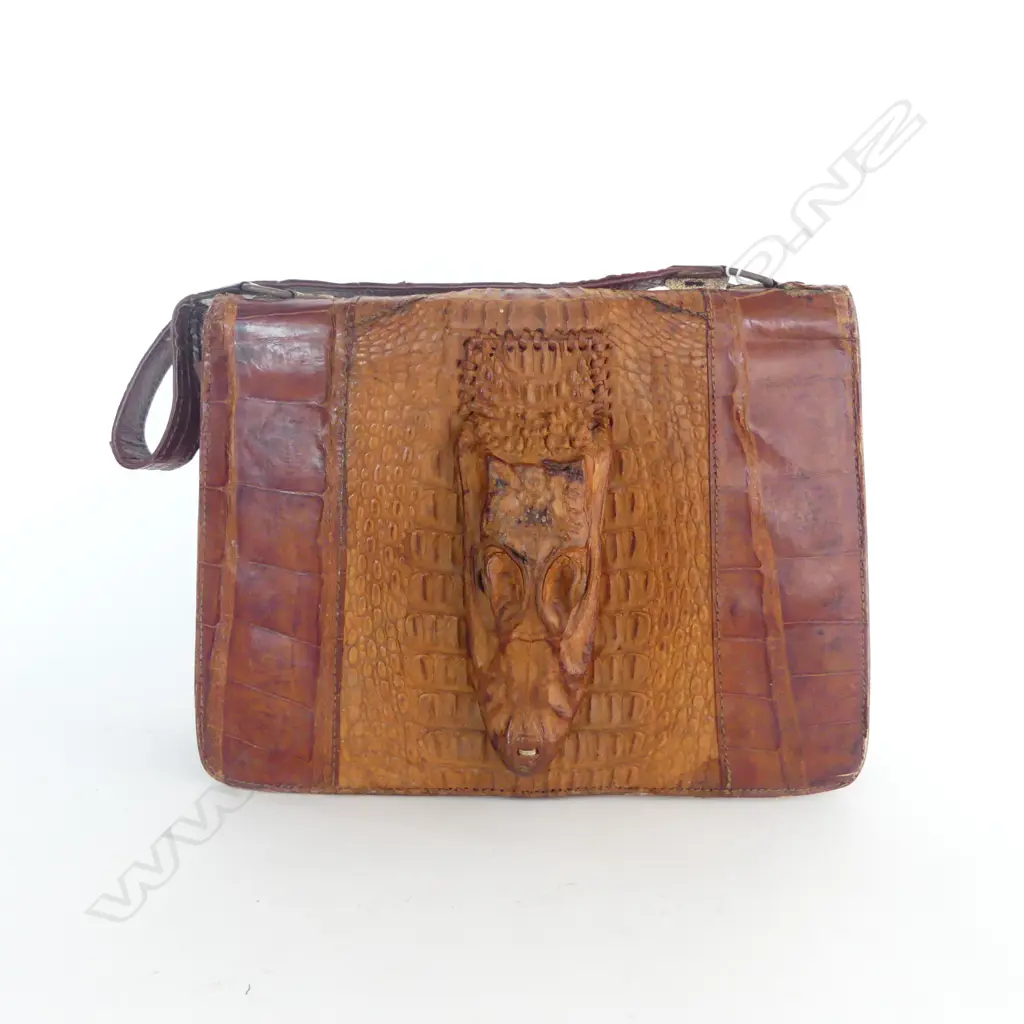 VINTAGE CROCODILE SKIN & LEATHER HANDBAG W.260mm WITH HEAD Image 1++