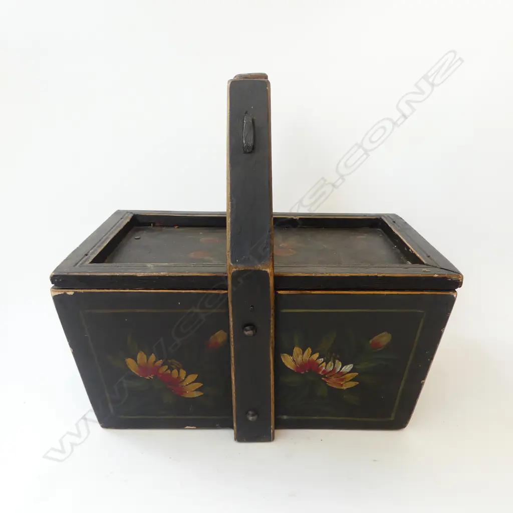 VINTAGE BLACK PAINTED WOODEN LIDDED BASKET W.360mm Image 1++
