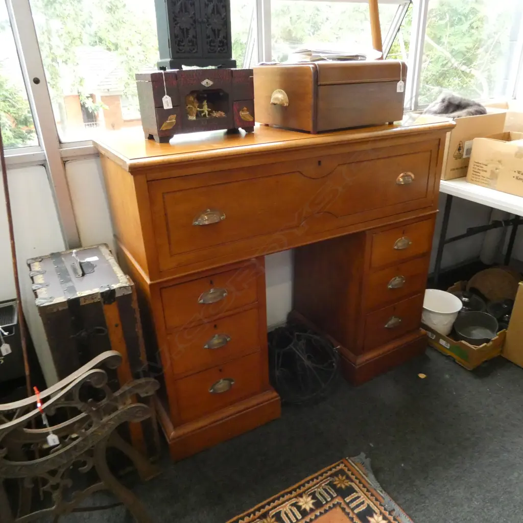 ANTIQUE KAURI DOUBLE PEDESTAL DROP FRONT SECRETAIRE DESK 1200x490x1040mm Image 1++