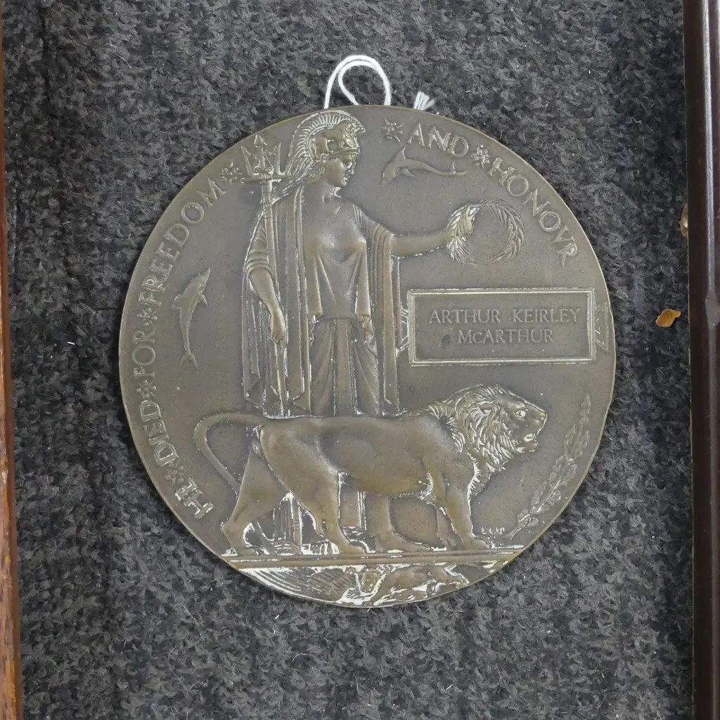 BRONZE WWI MEMORIAL PLAQUE TO ARTHUR MCARTHUR FRAMED CITATIONS & OLD FOOTBALL PHOTO INCLUDES HIM ETC Image 1++