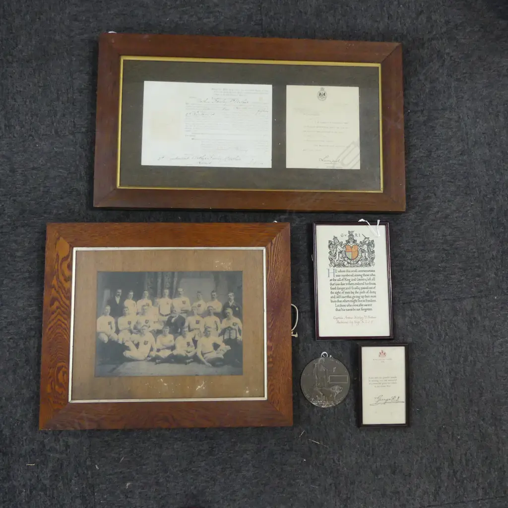 BRONZE WWI MEMORIAL PLAQUE TO ARTHUR MCARTHUR FRAMED CITATIONS & OLD FOOTBALL PHOTO INCLUDES HIM ETC Image 1++