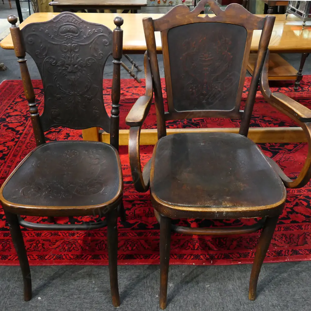 12 BENTWOOD DINING CHAIRS w. PRESSED PANEL DESIGNS (INCL. 2 CARVERS) Image 1++
