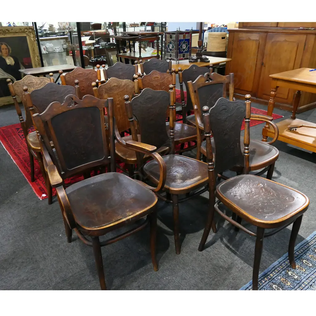 12 BENTWOOD DINING CHAIRS w. PRESSED PANEL DESIGNS (INCL. 2 CARVERS) Image 1++