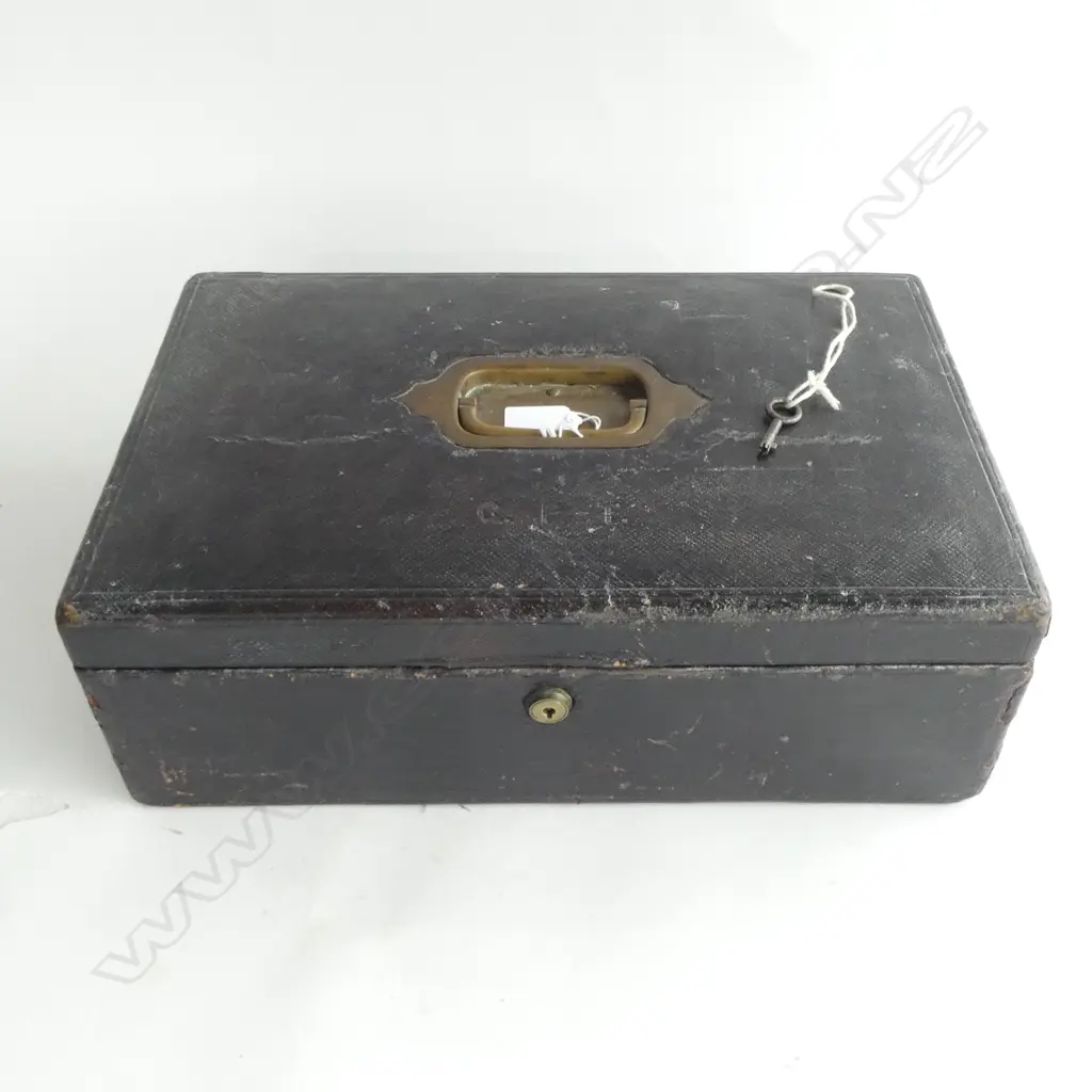 VICTORIAN WORN LEATHER CASED STRONG BOX, NEEDS & Co, LID EMBOSSED 'C. P-T', 405x260x140mm Image 1++