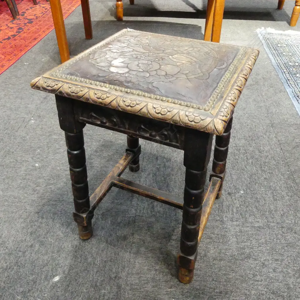 OLD CARVED WOOD STOOL w. ETCHED LEATHER TOP 340x340x450mm Image 1++