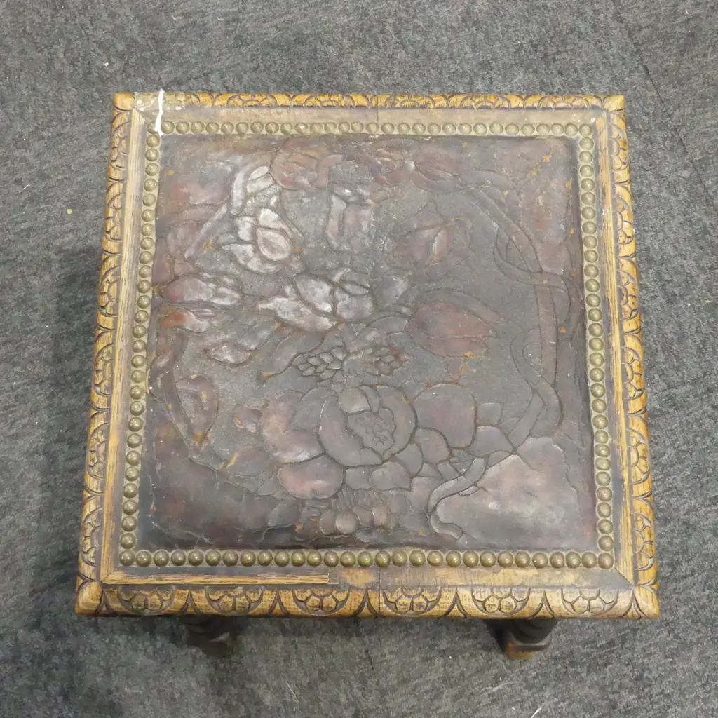OLD CARVED WOOD STOOL w. ETCHED LEATHER TOP 340x340x450mm Image 1++